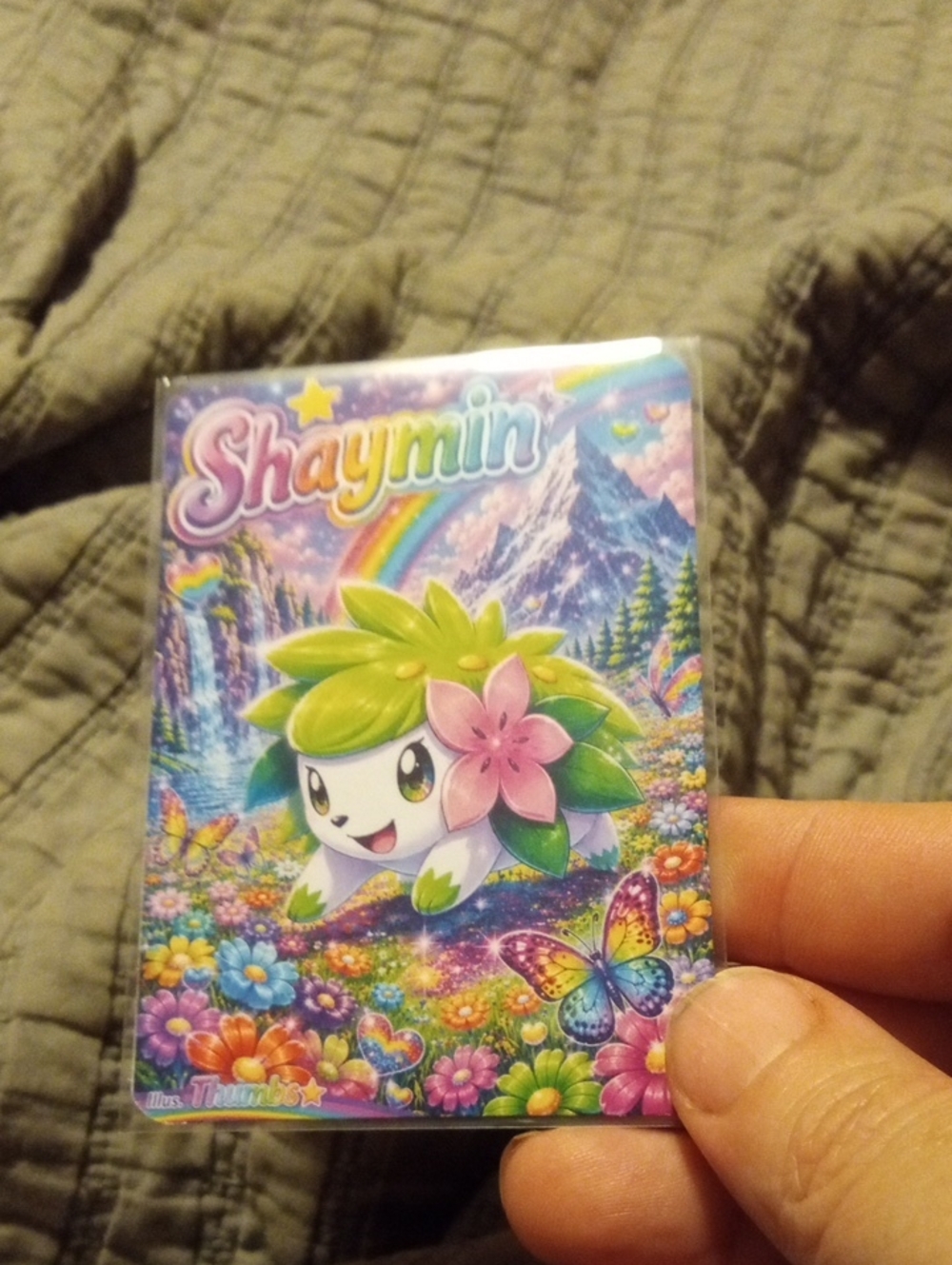 Pokemon Shaymin Card — Green, Pink & Rainbow Accents